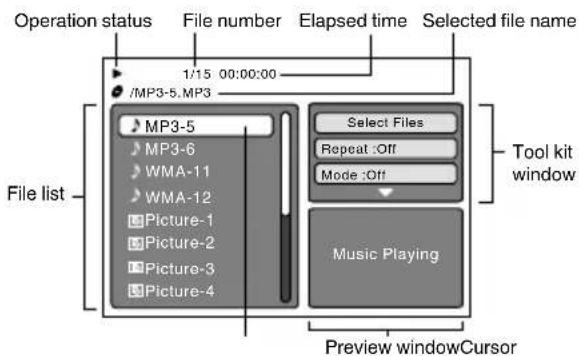 Operation status File number Elapsed time Selected file name 1/15 00:00:00 /MP3-5.MP3 File list MP3-5 MP3-6 WMA-11 WMA-12 Picture-1 Picture-2 Picture-3 Picture-4 Select Files Repeat :Off Mode :Off Music Playing Tool kit window Preview windowCursor