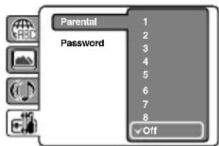 Parental Password 1 2 3 4 5 6 7 8 Off