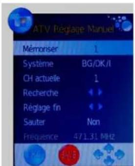 ATV Réglage Manuel Mémoriser 1 Système BG/DK/I CH actuelle 1 Recherche Réglage fin Sauter Non Frequence 471.31 MHz