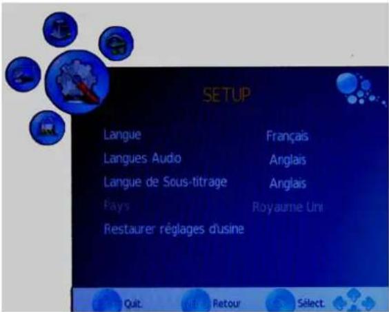 SETUP Langue Langues Audio Langue de Sous-titrage Fays Restaurer réglages d'usine Français Anglais Anglais Royaume Uni Quit Retour Select.
