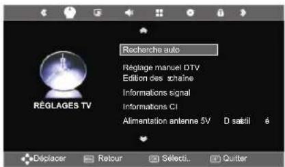 Recherche auto Réglage manuel DTV Edition des schaine Informations signal Informations CI Alimentation antenne 5V D satril Déplacer Retour Sélecti Quitter