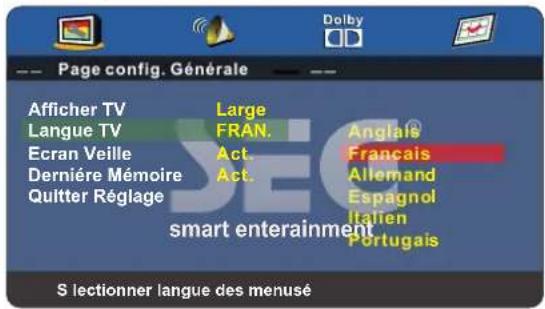 Page config. Générale Afficher TV Langue TV Ecran Veille Dernière Mémoire Quitter Réglage Large FRAN. Act. Act. Anglais Français Allemand Espagnol Italien Portugais smart entertainment S lectionner langue des menusé