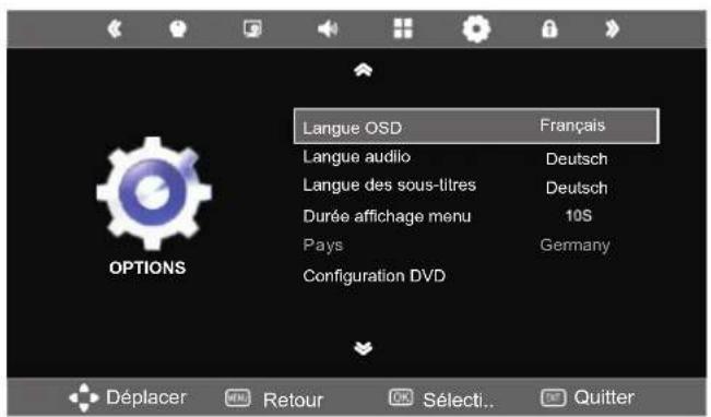 Langue OSD Langue audio Langue des sous-litres Durée affichage menu Pays Configuration DVD Français Deutsch Deutsch 10S Germany Déplacer Retour Selecti... Quitter
