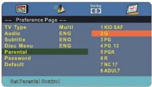 Dolby CD --- Preference Page --- TV Type Multi 1 KID SAF Audio ENG 2G Subtitle ENG 3PG Disc Menu ENG 4PG 13 Parental 5PGR Password 6R Default 7 NC 17 8 ADULT Set Parental Control