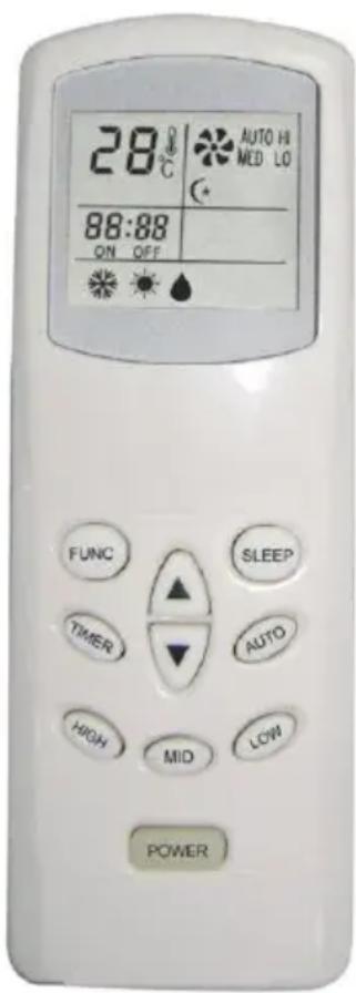 28°C AUTO HI MED LO 88:88 ON OFF FUNC SLEEP TIMER AUTO HIGH MID LOW POWER