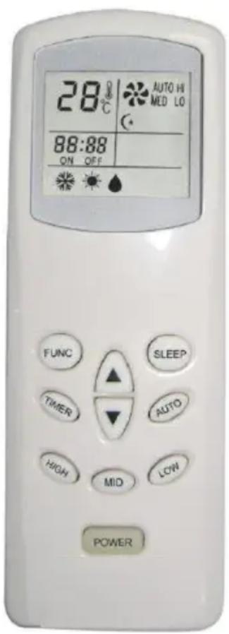 28°C AUTO HI MED LO 88:88 ON OFF FUNC SLEEP TIMER AUTO HIGH MID LOW POWER