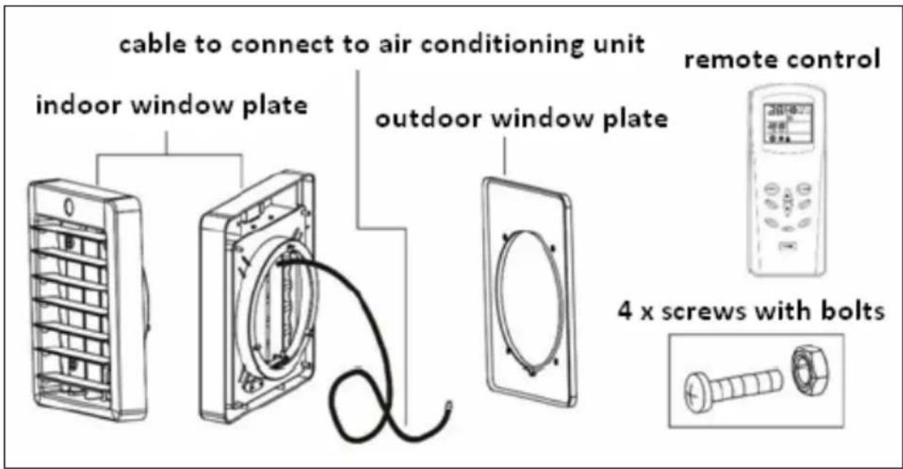 cable to connect to air conditioning unit indoor window plate outdoor window plate remote control 4 x screws with bolts