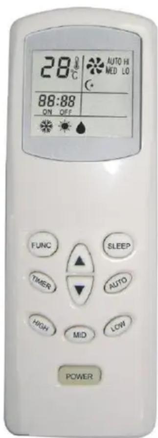 28°C AUTO HI MED LO 88:88 ON OFF FUNC SLEEP TIMER AUTO HIGH MID LOW POWER