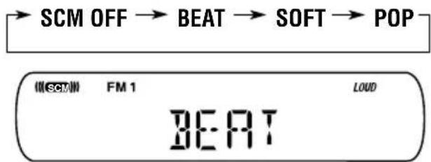 SCM OFF → BEAT → SOFT → POP (SCM) FM 1 LOUD BEAT