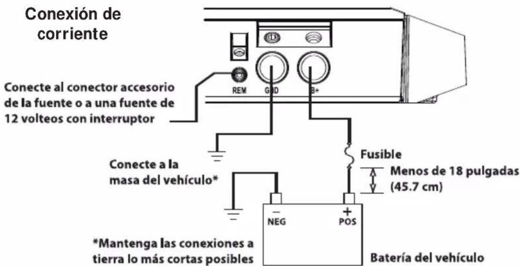 Conexión de corriente Conecte al conector accesorio de la fuente o a una fuente de 12 volteos con interruptor Fusible Menos de 18 pulgadas (45.7 cm) Conecte a la masa del vehículo* *Mantenga las conexiones a tierra lo más cortas posibles NEG POS Batería del vehículo