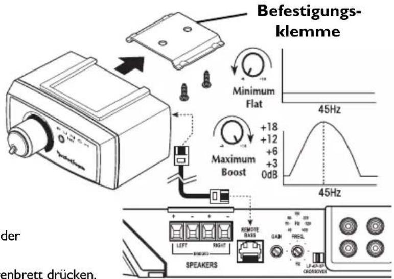 Befestigungsklemme Minimum Flat +18 +12 +6 +3 0dB Maximum Boost 45Hz 45Hz der enbrett drücken. SPEAKERS REMOTE BASS GAM FREQ2 1.4x-0.9 CK000000