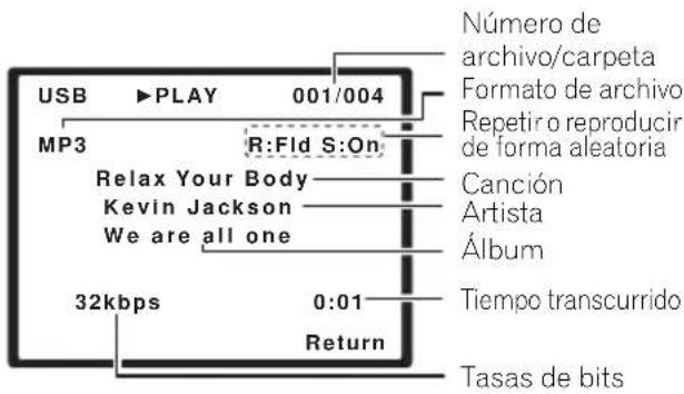 USB ▶PLAY 001/004 MP3 R:Fld S:On Relax Your Body Kevin Jackson We are all one 32kbps 0:01 Return Número de archivo/carpeta Formato de archivo Repetir o reproducir de forma aleatoria Canción Artista Álbum Tiempo transcurrido Tasas de bits