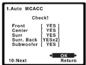 1.Auto MCACC Check! Front [ YES ] Center [ YES ] Surr [ YES ] Surr. Back [ YESx2 ] Subwoofer [ YES ] 10:Next OK Return