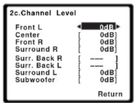 2c.Channel Level Front L 0dB Center [0dB] Front R [0dB] Surround R [0dB] Surr. Back R [----] Surr. Back L [----] Surround L [0dB] Subwoofer [0dB] Return
