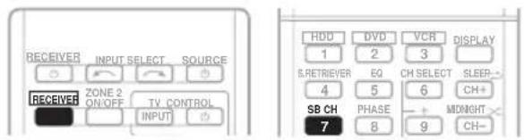 RECEIVER INPUT SELECT SOURCE ZONE 2 ON/OFF TV_CONTROL INPUT HDD DVD VCR DISPLAY 1 2 3 S.RETRIEVER EQ CH SELECT SLEEP- 4 5 6 CH+ SB CH PHASE + MOMIGHT 7 8 9 CH-