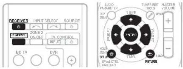 RECEIVER INPUT SELECT SOURCE ZONE 2 ON/OFF TV CONTROL INPUT BD TV DVR AUDIO PARAMETER TUNE TUNER EDIT TOOLS MASTER VOLUME TOP MENU MENU + - PREFCT ENTER HOME MENU SETUP iPod CTRL CATEGORY TUNE BAND RETURN