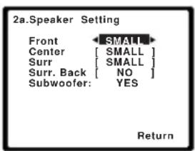 2a.Speaker Setting Front SMALL Center [ SMALL ] Surr [ SMALL ] Surr. Back [ NO ] Subwoofer: YES Return