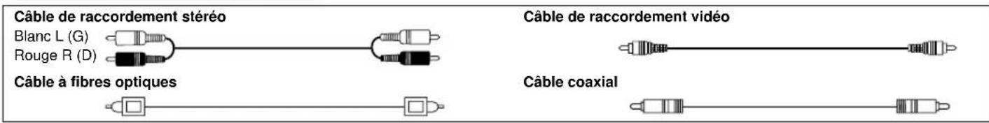 Câble de raccordement stéréo Blanc L (G) Rouge R (D) Câble à fibres optiques Câble de raccordement vidéo Câble coaxial