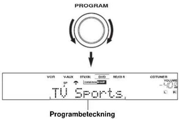 PROGRAM VCR V-AUX DTV/CBL DVD MD/CD-R CDTUNER SP TENOMA TV Sports VOLUME -409 dB L R Programbeteckning