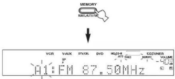 MEMORY MAX/LAUTO FM VCR V-AUX DTV/CBL DVD MOLD-B NCD/TUNER SP AUTO TUNED NUOKY VOLUME A1:FM 67.5GHz