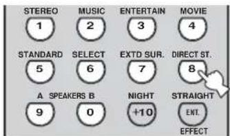 STEREO 1 MUSIC 2 ENTERTAIN 3 MOVIE 4 STANDARD 5 SELECT 6 EXTD SUR. 7 DIRECT ST. 8 A SPEAKERS B 9 0 NIGHT +10 STRAIGHT ENT. EFFECT