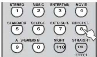 STREEO 1 MUSIC 2 ENTERTAIN 3 MOVIE 4 STANDARD 5 SELECT 6 EXTD SUR. 7 DIRECT ST. 8 A SPEAKERS B 9 0 NIGHT +10 STRAIGHT ENT. EFFECT