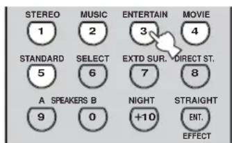 STEREO 1 STANDARD 5 A SPEAKERS B 9 MUSIC 2 SELECT 6 MUSIC 3 ENTERTAIN 7 NIGHT +10 MOVIE 4 EXTD SUR. DIRECT ST. 8 STRAIGHT ENT. EFFECT