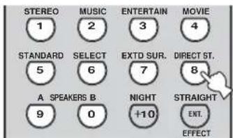 STEREO 1 MUSIC 2 ENTERTAIN 3 MOVIE 4 STANDARD 5 SELECT 6 EXTD SUR. 7 DIRECT ST. 8 A SPEAKERS B 9 0 NIGHT +10 STRAIGHT EXT. EFFECT