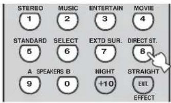 STEREO 1 MUSIC 2 ENTERTAIN 3 MOVIE 4 STANDARD 5 SELECT 6 EXTD SUR. 7 DIRECT ST. 8 A SPEAKERS B 9 0 NIGHT +10 STRAIGHT ENT. EFFECT