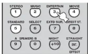 STEREO 1 STANDARD 5 A SPEAKERS B 9 MUSIC 2 SELECT 6 MUSIC 3 ENTERTAIN 7 NIGHT +10 MOVIE 4 EXTD SUR. DIRECT ST. 8 STRAIGHT ENT. EFFECT