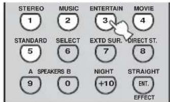 STEREO 1 MUSIC 2 ENTERTAIN 3 MOVIE 4 STANDARD 5 SELECT 6 EXTD SUR. 7 DIRECT ST. 8 A SPEAKERS B 9 0 NIGHT +10 STRAIGHT ENT. EFFECT