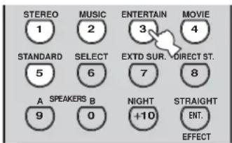STEREO 1 STANDARD 5 A SPEAKERS B 9 MUSIC 2 SELECT 6 MUSIC 3 ENTERTAIN 7 EXTD SUR. +10 MOVIE 4 DIRECT ST. 8 NIGHT 8 STRAIGHT ENT. EFFECT