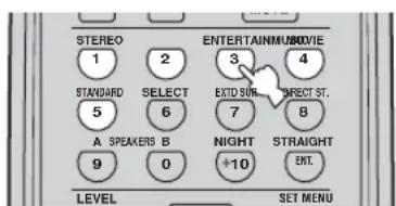 STEREO 1 2 STANDARD SELECT 5 6 A SPEAKERS B 9 0 LEVEL ENTERTAINMUSMOVIE 3 4 EXTD SUN 7 DIRECT ST. 8 NIGHT +10 STRAIGHT ENT. SET MENU