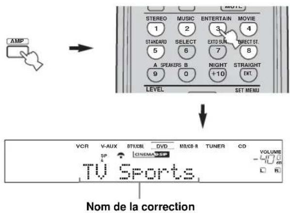 AMP STEREO 1 STANDARD 5 A SPEAKERS B 9 MUSIC 2 SELECT 6 MOTOR 0 ENTERTAIN 3 EXIT SUR. 7 NIGHT +10 MOVIE 4 ELECT ST. 8 STRAIGHT ENT. LEVEL SET MENU VCR V-AUX DTI/XBL DVD MON/CD-R TUNER CD SP CINEMA DSP TV Sports VOLUME -400 R B Nom de la correction