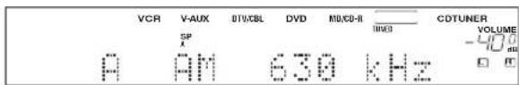 VCR V-AUX BTV/CBL DVD MD/CD-H TIME CDTUNER VOLUME -400 stu SP A AM 630 kHz