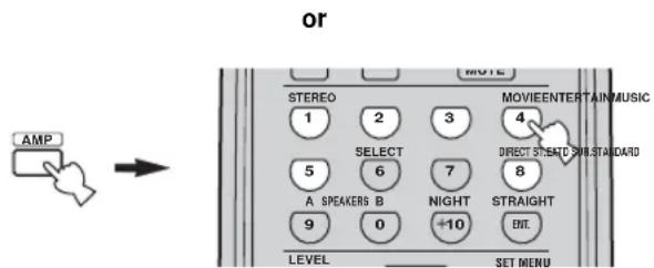 or AMP MUTE STEREO 1 2 3 4 SELECT 5 6 7 8 A. SPEAKERS B NIGHT STRAIGHT 9 0 +10 ENT. LEVEL SET MENU MOVIEENTERTAIN MUSIC DIRECT STEATC SNOW STANDARD