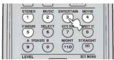 STEREO 1 STANDARD 5 A SPEAKERS B 9 MUSIC 2 SELECT 6 0 ENTERTAIN 3 EXIT SUM. 7 NIGHT +10 MOVIE 4 EFFECT ST. 8 STRAIGHT ENT. LEVEL SET MENU
