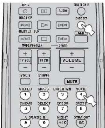 REC DISC SKIP FREQ/TEXT EON MODE FPH-SEEK + TV VOL - TV MUTE MUTE STEREO 1 STANDARD 5 A. SPEAKERS 9 AUDIO CODE SET AMP + TV CH - TV INPUT MUSIC 2 SELECT 6 B 0 ENTERTAIN 3 EXTO SUR. 7 NIGHT +10 MOVIE 4 DIRECT ST. STRAIGHT OUT.