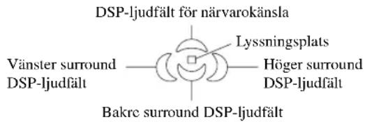 DSP-ljudfält för närvarokänsla Vänster surround DSP-ljudfält Lyssningsplats Höger surround DSP-ljudfält Bakre surround DSP-ljudfält