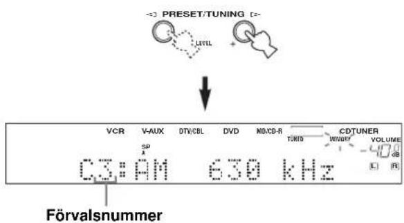 PRESET/TUNING LEVEL VCR V-AUX DTV/CBL DVD MDD-R CDTUNER SP A C3:AM 630 kHz VENERGY VOLUME 400 dB L R Förvalsnummer