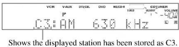 VCR V-AUX DTV/CBL DVD NO.CD-R SP C3:AM 630 kHz CDTUNER VEOUT VOLUME L DB Shows the displayed station has been stored as C3.