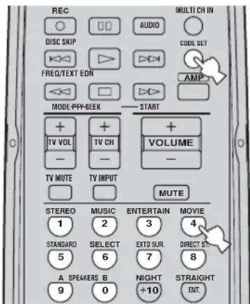 REC DISC SKIP FREQ/TEXT EON MODEL PPH-SEEK + TV VOL - TV MUTE MUTE STEREO 1 STANDARD 5 A SPEAKERS B 9 AUDIO CODE SET AMP + VOLUME - TV INPUT MUSIC 2 SELECT 6 MUSIC 3 ENTERTAIN 7 NEXT SUR. NIGHT +10 MOVIE 4 DIRECT STRAIGHT OUT.