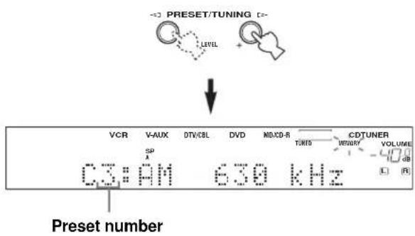 PRESET/TUNING LEVEL VCR V-AUX DTV/CBL DVD MD/CD-R TUNED CDTUNER SP C3:AM 630 kHz L R VOLUME dB Preset number