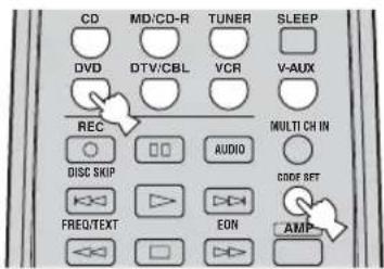CD MD/CD-R TUNER SLEEP DVD DTV/CBL VCR V-AUX REC MULTI CH IN DISC SKIP AUDIO CODE SET FREQ/TEXT EON AMP
