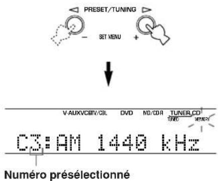 YAMAHA RXV350 - Tandis que le témoin “MEMORY” clignote, appuyez sur la touche PRESET/TUNING / pour sélectionner un numéro de station (1 à 8). - 1