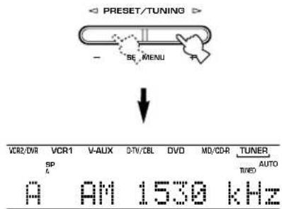 PRESET/TUNING - SE MENU VCR2/DVR VCR1 V-AUX CTV/CBL DVD MD/CDR TUNER SP TUNED AUTO A AM 1530 kHz