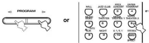 PROGRAM or HALL JAZZ CLUB ROCK CONCERT ENTER TAINMENT MUSIC TV TIME MOVE VIDEO THEATER THEATER 1 THEATER 2 5 6 7 B /DTS NIGHT 6.1/5.1 STEREO SLR 0 *10 DIST B1 EFFECT