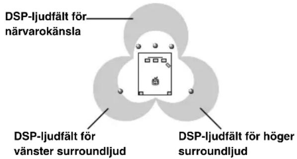 DSP-ljudfält för närvarokänsla DSP-ljudfält för vänster surroundljud DSP-ljudfält för höger surroundljud