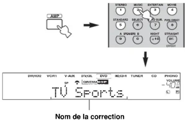 AMP STEREO MUSIC ENTERTAIN MOVIE 1 2 3 4 STANDARD SELECT E TO SUR. PUSE DIRECT 5 6 7 8 A SPEAKERS B NIGHT STRAIGHT 9 0 +10 DKT. EFFECT DVR/VCR2 VCR1 V-AUX DTV/CBL DVD MD/CD-R TUNER CD PHONO SP CINEMABSP TV Sports VOLUME L R Nom de la correction