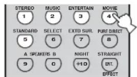 STEREO 1 STANDARD 5 A SPEKERS B 9 MUSIC 2 SELECT 6 MUSIC 2 ENTERTAIN 3 EXTO SUR. 7 NIGHT +10 MOVIE 4 PURE DIRECT 8 STRAIGHT INT. EFFECT